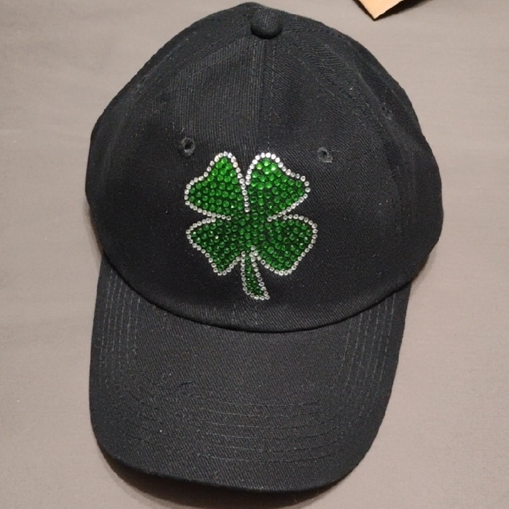 Black Cap with Green Rhinestone Clover